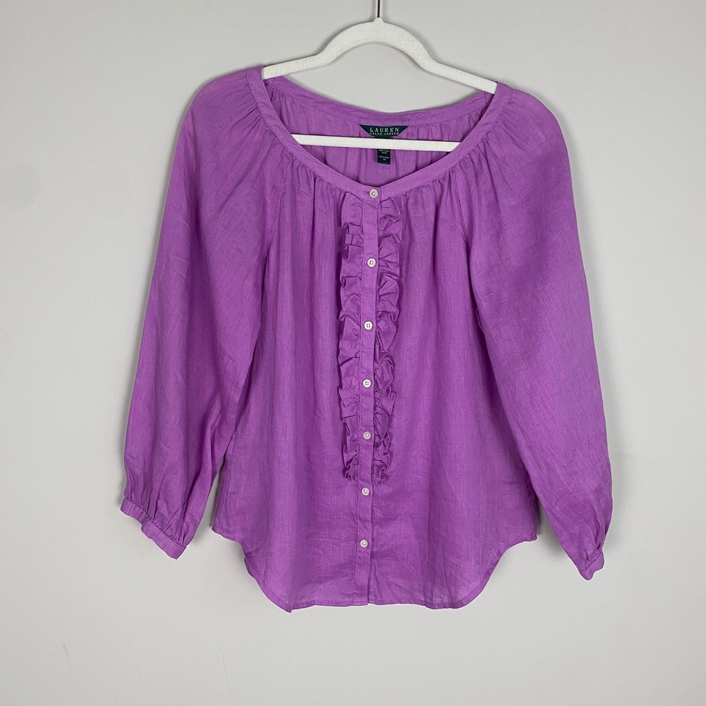 Lauren Ralph Lauren Ruffle Front Linen Blouse Womens XS Purple Long Sleeve Top